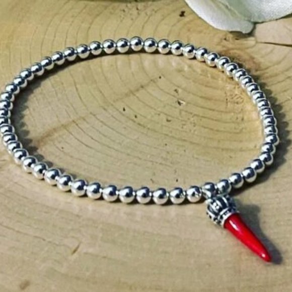 Sterling Silver Beaded Bracelet with Red Horn - Picture 1 of 1